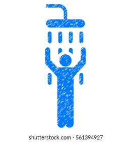 Man Under Shower grainy textured icon for overlay watermark stamps. Flat symbol with scratched texture. Dotted vector blue ink rubber seal stamp with grunge design on a white background.