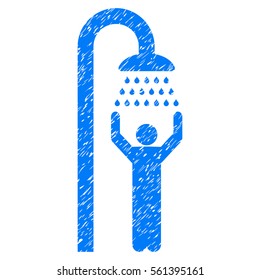 Man Under Shower grainy textured icon for overlay watermark stamps. Flat symbol with dirty texture. Dotted vector blue ink rubber seal stamp with grunge design on a white background.