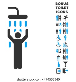 Man under Shower icon and bonus male and woman WC symbols. Vector illustration style is flat iconic bicolor symbols, blue and gray colors, white background.