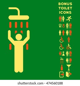 Man under Shower icon and bonus gentleman and lady lavatory symbols. Vector illustration style is flat iconic bicolor symbols, orange and yellow colors, green background.