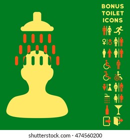 Man under Shower icon and bonus man and female WC symbols. Vector illustration style is flat iconic bicolor symbols, orange and yellow colors, green background.