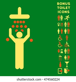Man under Shower icon and bonus man and female restroom symbols. Vector illustration style is flat iconic bicolor symbols, orange and yellow colors, green background.