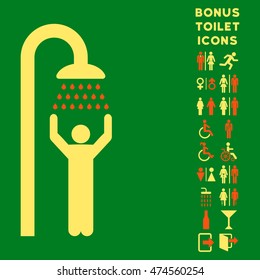 Man under Shower icon and bonus man and female WC symbols. Vector illustration style is flat iconic bicolor symbols, orange and yellow colors, green background.