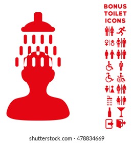 Man under Shower icon and bonus gentleman and woman toilet symbols. Vector illustration style is flat iconic symbols, red color, white background.