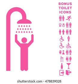 Man under Shower icon and bonus male and lady restroom symbols. Vector illustration style is flat iconic symbols, pink color, white background.