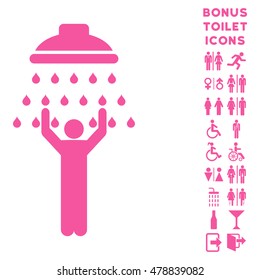 Man under Shower icon and bonus gentleman and female lavatory symbols. Vector illustration style is flat iconic symbols, pink color, white background.