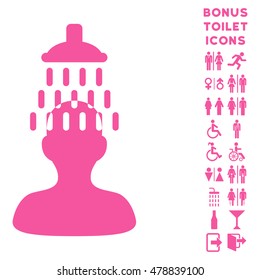 Man under Shower icon and bonus gentleman and lady toilet symbols. Vector illustration style is flat iconic symbols, pink color, white background.