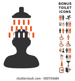 Man under Shower icon and bonus man and lady lavatory symbols. Vector illustration style is flat iconic bicolor symbols, orange and gray colors, white background.