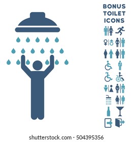 Man under Shower icon and bonus gentleman and woman toilet symbols. Vector illustration style is flat iconic bicolor symbols, cyan and blue colors, white background.