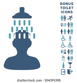 Man under Shower icon and bonus gentleman and lady toilet symbols. Vector illustration style is flat iconic bicolor symbols, cyan and blue colors, white background.