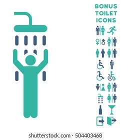 Man under Shower icon and bonus gentleman and lady WC symbols. Vector illustration style is flat iconic bicolor symbols, cobalt and cyan colors, white background.