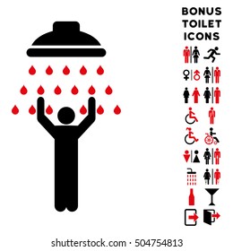 Man under Shower icon and bonus man and woman restroom symbols. Vector illustration style is flat iconic bicolor symbols, intensive red and black colors, white background.