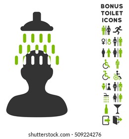 Man under Shower icon and bonus man and woman restroom symbols. Vector illustration style is flat iconic bicolor symbols, eco green and gray colors, white background.