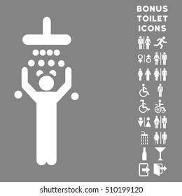 Man under Shower icon and bonus gentleman and lady lavatory symbols. Vector illustration style is flat iconic symbols, white color, gray background.