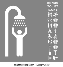 Man under Shower icon and bonus man and woman WC symbols. Vector illustration style is flat iconic symbols, white color, gray background.