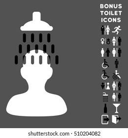 Man under Shower icon and bonus male and woman WC symbols. Vector illustration style is flat iconic bicolor symbols, black and white colors, gray background.