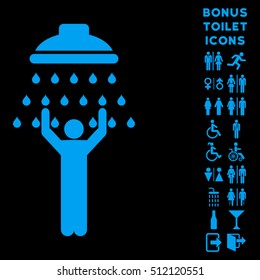 Man under Shower icon and bonus male and female toilet symbols. Vector illustration style is flat iconic symbols, blue color, black background.