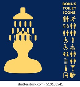 Man under Shower icon and bonus man and lady WC symbols. Vector illustration style is flat iconic symbols, yellow color, blue background.