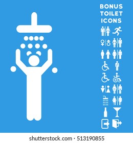 Man under Shower icon and bonus gentleman and lady toilet symbols. Vector illustration style is flat iconic symbols, white color, blue background.