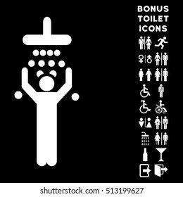 Man under Shower icon and bonus male and female lavatory symbols. Vector illustration style is flat iconic symbols, white color, black background.