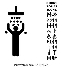 Man under Shower icon and bonus male and woman WC symbols. Vector illustration style is flat iconic symbols, black color, white background.