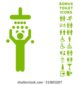 Man under Shower icon and bonus male and woman lavatory symbols. Vector illustration style is flat iconic symbols, eco green color, white background.