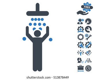 Man under Shower icon with bonus service symbols. Vector illustration style is flat iconic smooth blue symbols on white background.
