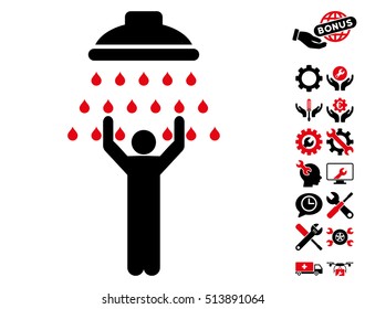 Man under Shower icon with bonus tools symbols. Vector illustration style is flat iconic intensive red and black symbols on white background.