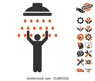 Man under Shower icon with bonus options clip art. Vector illustration style is flat iconic orange and gray symbols on white background.