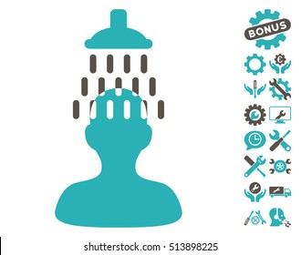 Man under Shower icon with bonus options design elements. Vector illustration style is flat iconic grey and cyan symbols on white background.