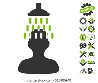 Man under Shower icon with bonus tools pictograms. Vector illustration style is flat iconic eco green and gray symbols on white background.