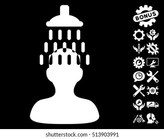 Man under Shower icon with bonus configuration icon set. Vector illustration style is flat iconic white symbols on black background.