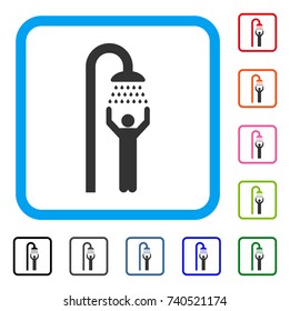 Man Under Shower icon. Flat grey pictogram symbol inside a light blue rounded squared frame. Black, gray, green, blue, red, orange color additional versions of Man Under Shower vector.