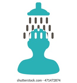 Man under Shower icon. Vector style is bicolor flat iconic symbol with rounded angles, grey and cyan colors, white background.