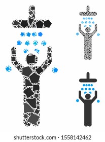 Man under shower mosaic of tremulant elements in variable sizes and color tinges, based on man under shower icon. Vector unequal elements are united into mosaic.