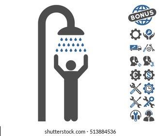 Man under Shower pictograph with bonus service icon set. Vector illustration style is flat iconic cobalt and gray symbols on white background.