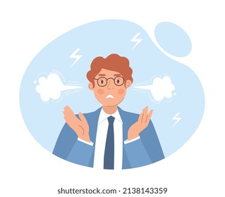 Man under stress. Worker in panic, character has smoke coming out of his ears. Businessman or entrepreneur dissatisfied with situation, aggression and negativity. Cartoon flat vector illustration