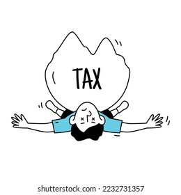 Man under Tax mountain doodle cartoon character. Tax, debt and loan crisis and bankruptcy concept. Flat line illustration design
