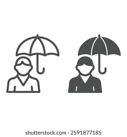 Man under umbrella line and solid icon, human rescue concept. Vector graphics. Human with parasol, rain protection sign on white background, outline style icon for mobile or web design
