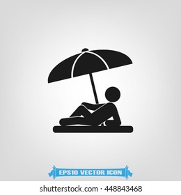 Man under umbrella on the beach. Vector flat design illustration EPS 10.