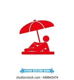 Man under umbrella on the beach. Vector flat design illustration EPS 10.