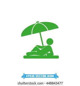 Man under umbrella on the beach. Vector flat design illustration EPS 10.