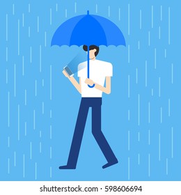 Man under an umbrella in a rainy day reading or writing sms message in a smart phone.Vector flat cartoon illustration