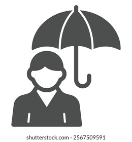 Man under umbrella solid icon, human rescue concept. Vector graphics. Human with parasol, rain protection sign on white background, glyph style icon for mobile or web design