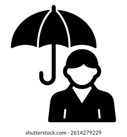 Man under umbrella solid icon, human rescue concept. Vector graphics. Human with parasol, rain protection sign on white background, glyph style mobile or design