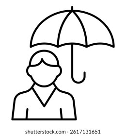 Man under umbrella thin line icon, human rescue concept. Vector graphics. Person with rain protection sign on white background, linear style for mobile or design