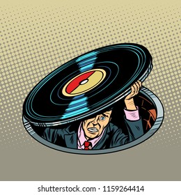 man under vinyl. Music and audio. Pop art retro vector illustration vintage kitsch