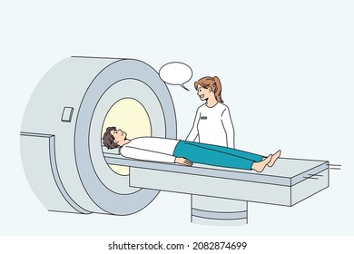 Man undergo tomography screening in modern hospital. Unhealthy sick male patient have body section laminography in clinic, suffer from health problems. Healthcare, medicine. Vector illustration. 