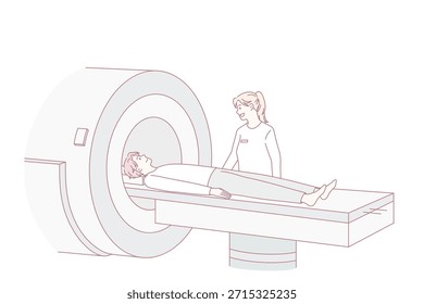 Muchos se someten a una tomografía en un hospital moderno. Paciente masculino enfermo enfermo enfermo enfermo tiene laminografía de sección corporal en la clínica, sufre de problemas de salud. Salud, medicina. Ilustración vectorial.