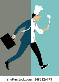 Man undergoing a drastic career change from a business person to a chef, EPS 8 vector illustration
